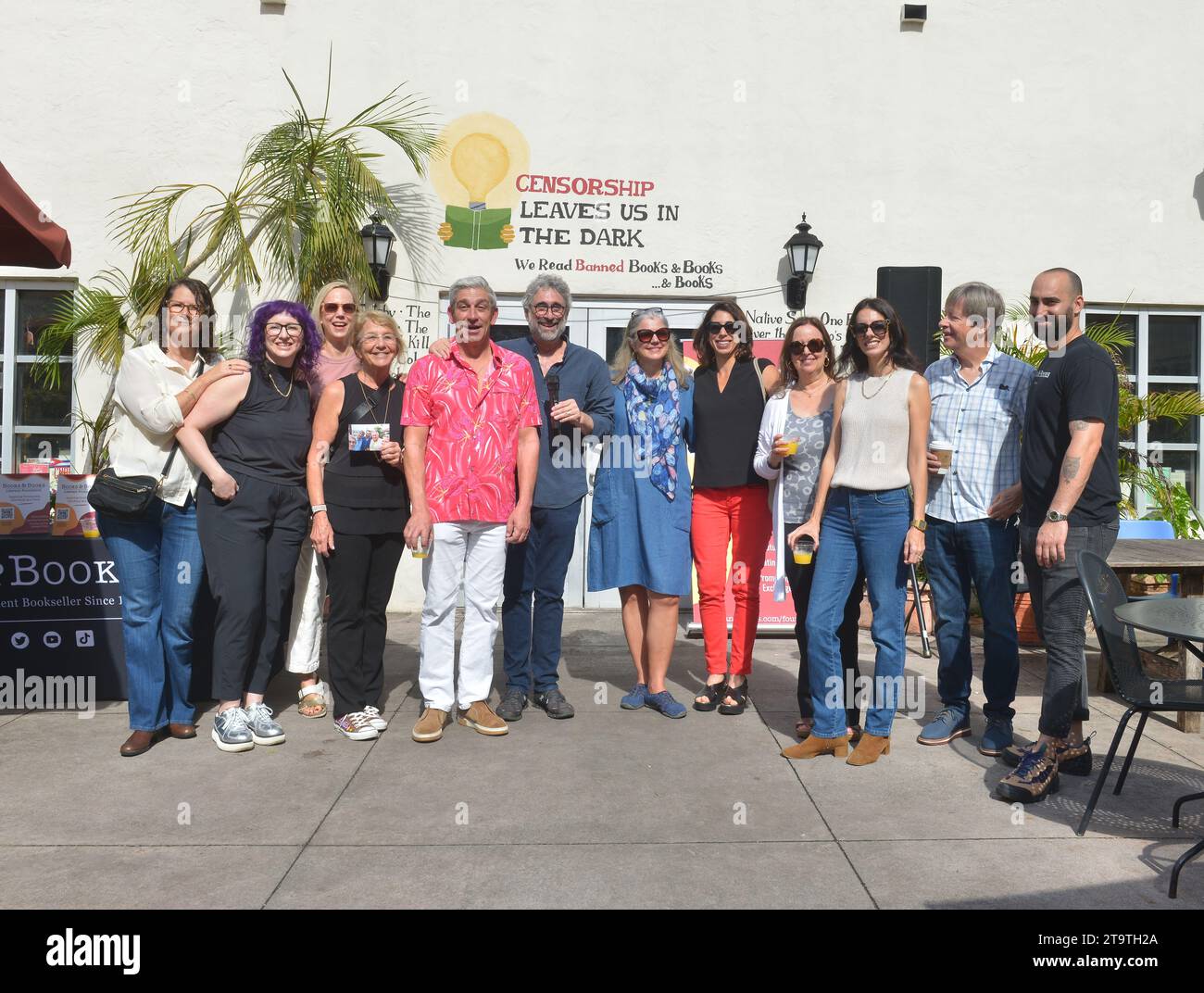 CORAL GABLES, FLORIDA - NOVEMBER 25: Susie Horgan, Lolo Reskin, Amanda Keeley, Kimberly Standiford, Richard Blanco, Books & Books' Owner and Founder Mitchell Kaplan, Mirta Ojito, Ana Menendez, Ruth Behar, Chantel Acevedo, Dave Barry and Jonah Kaplan attend the celebrated and launch of Books & Books Literary new nonprofit Foundation with the Coral Gables business and literary community and the Coral Gables Chamber of Commerce Small Business Saturday at Books and Books-Gables on November 25, 2023 in Coral Gables, Florida. (Photo by JL/Sipa USA) Stock Photo