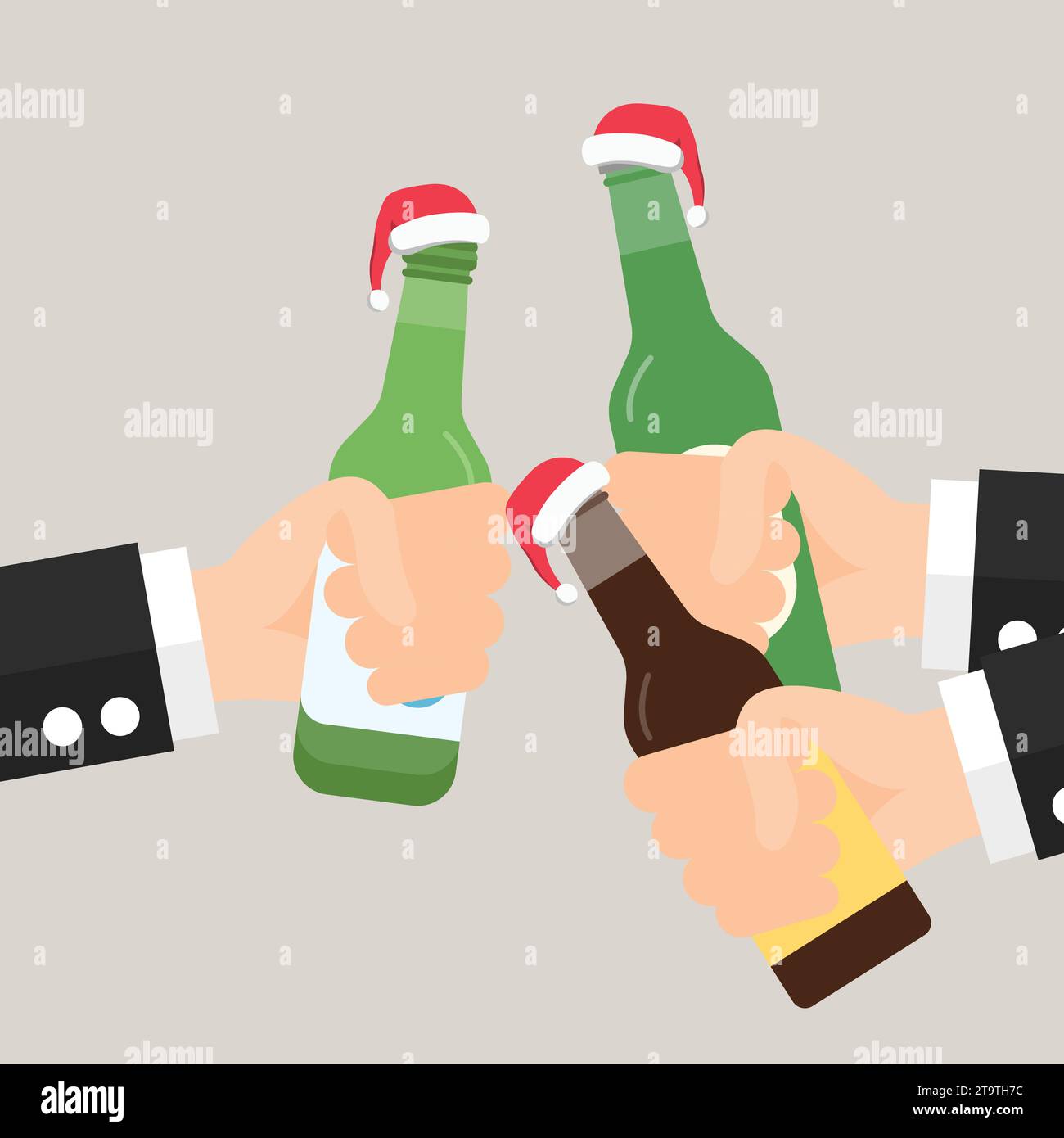 Flat icon of businessmen holding Bottle of Beer and Soju. Celebration with Santa Hat Stock Vector