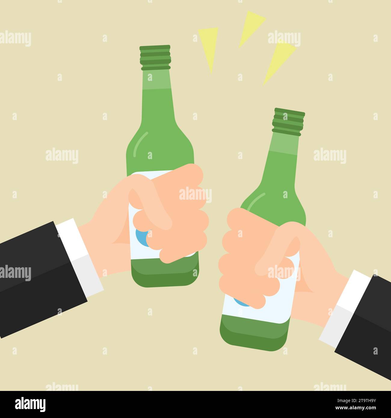 Flat icon of two hands holding Soju, famous clear, colorless distilled beverage of Korean origin Stock Vector