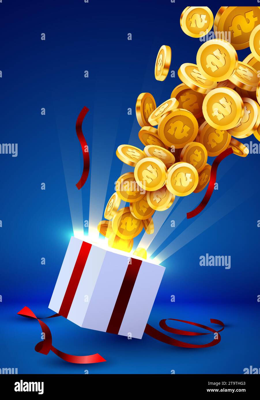 Open gift box with coin explosion. Big win concept. Vector illustration Stock Vector