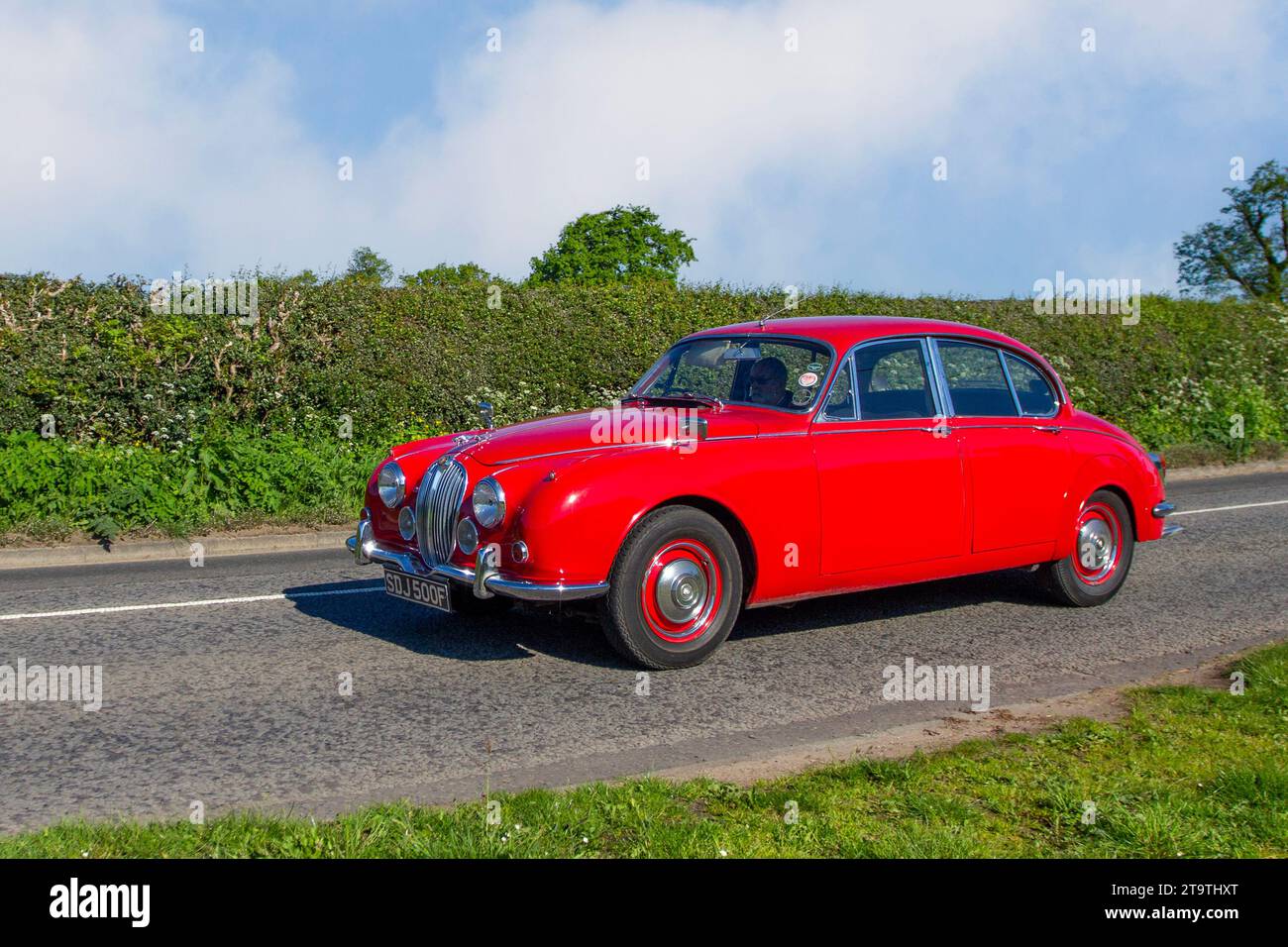 1968 60s sixties Red British Jaguar Mark 2 240 , luxury executive car, Petrol 2483 cc, 2.5 l, Cylinders 6 Cyl;  sports and performance car enthusiasts travelling in Cheshire, UK Stock Photo