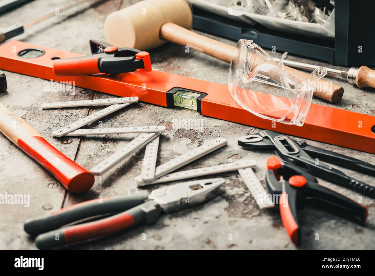 Handyman tool kit with assorted tools, gogles Stock Photo