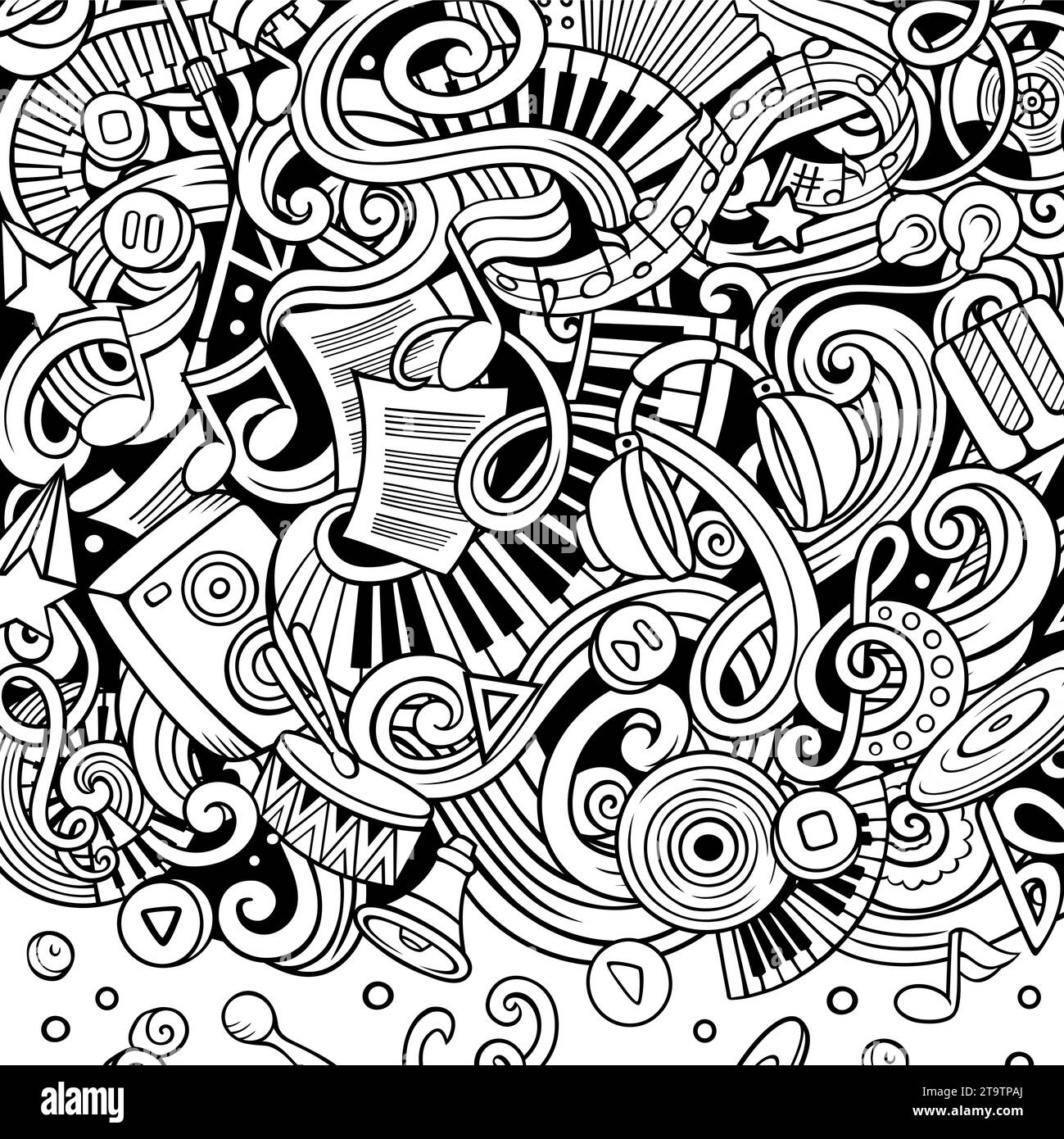 Black and white cartoon pattern on black background, abstract