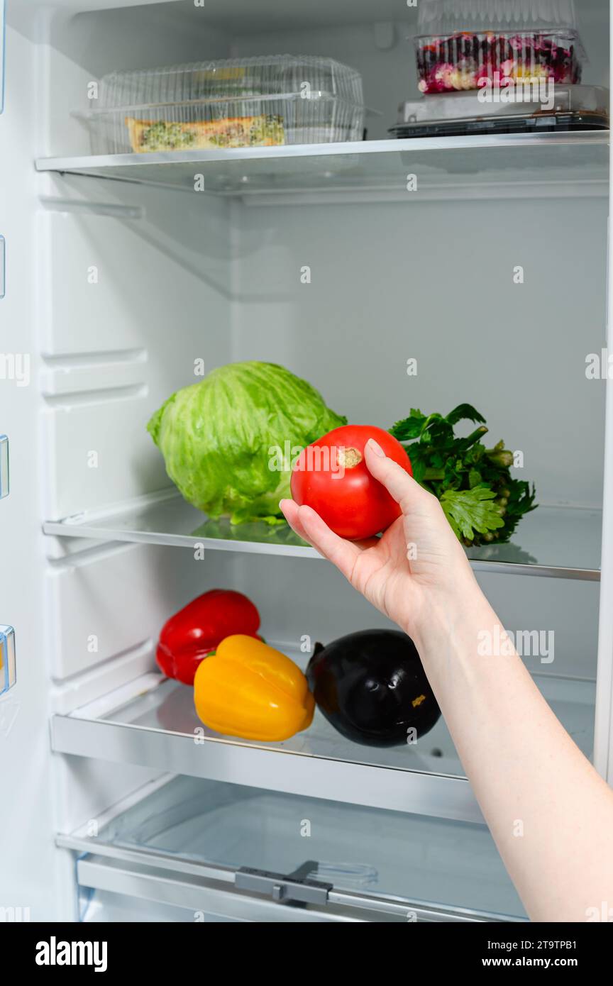 Fresh Vegetables lying on the shelf in the fridge. A woman's hand holds a tomato against the background of a refrigerator. Stock Photo