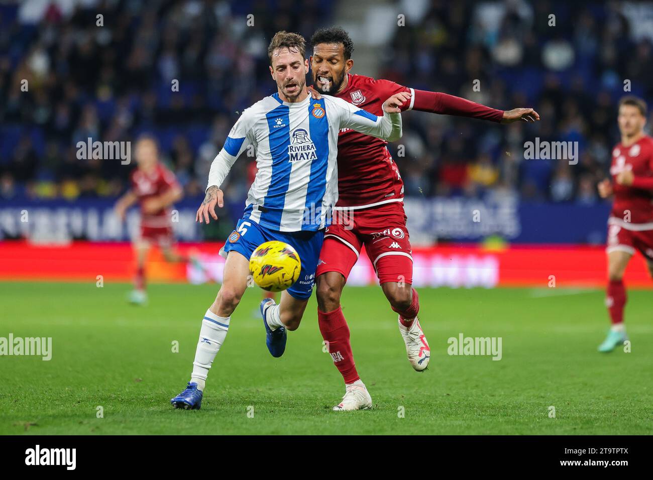 Barcelona, Spain. 26th Nov, 2023. Fernando Calero (5) of Espanyol and Dyego Sousa (11) of Alcorcon seen during the LaLiga 2 match between Espanyol v Alcorcon at the Stage Front Stadium in Barcelona. (Photo Credit: Gonzales Photo/Alamy Live News Stock Photo