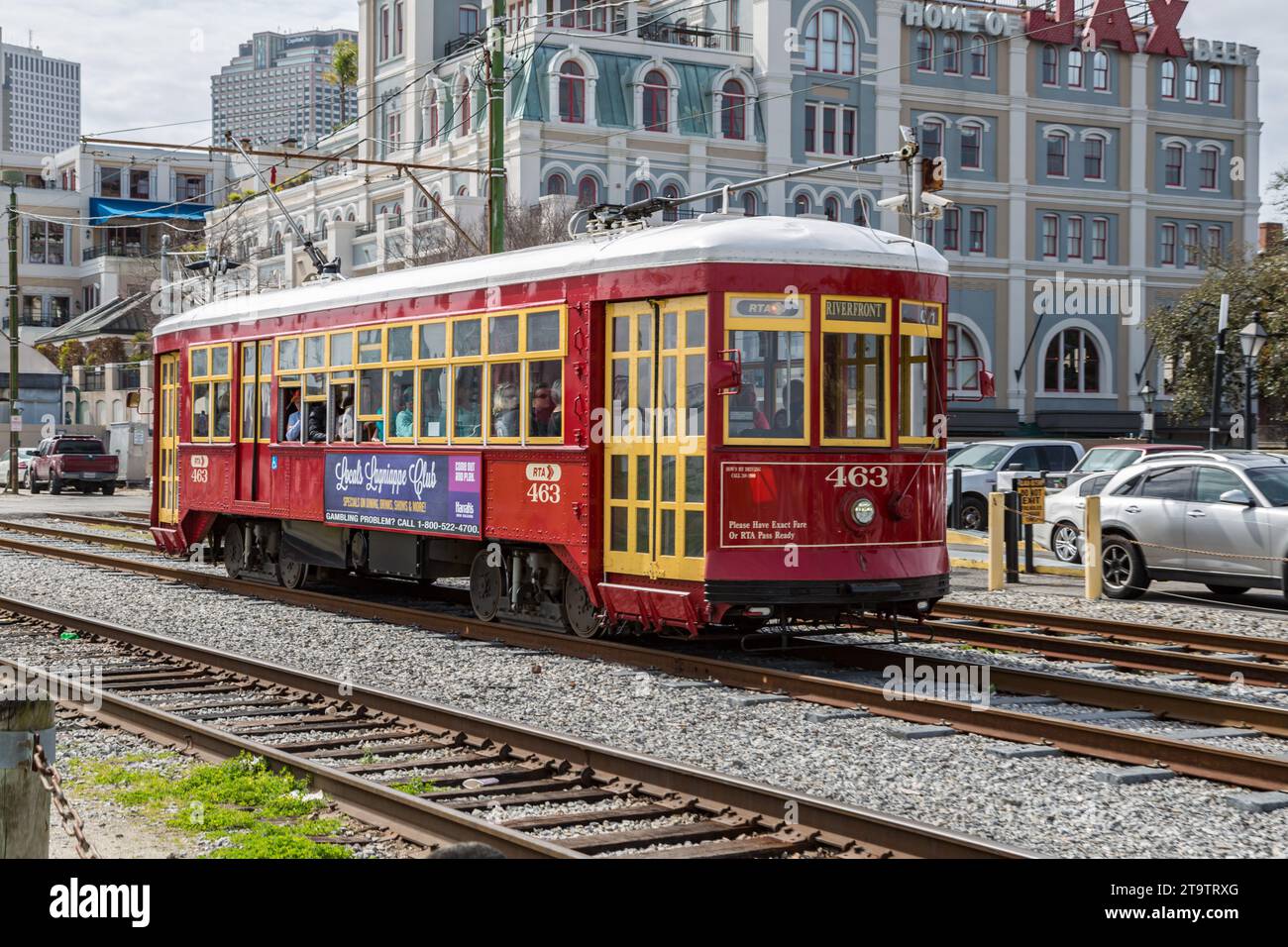 Streetcar on New Orleans Riverfront near Jax Brewery in downtown New Orleans, Louisiana Stock Photo