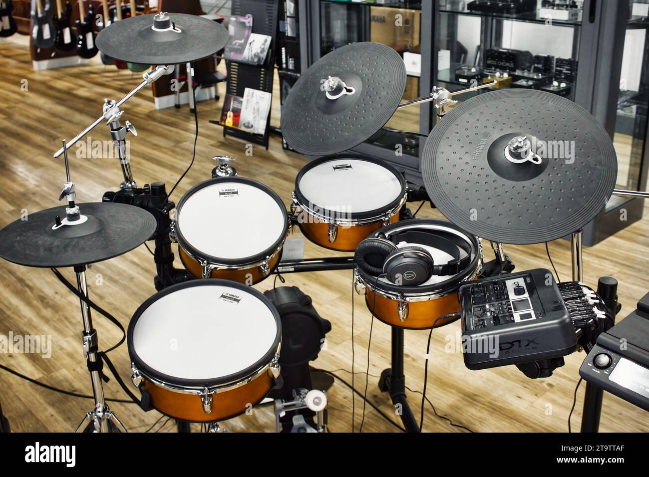 A Yamaha electronic drum kit with headphones Stock Photo Alamy