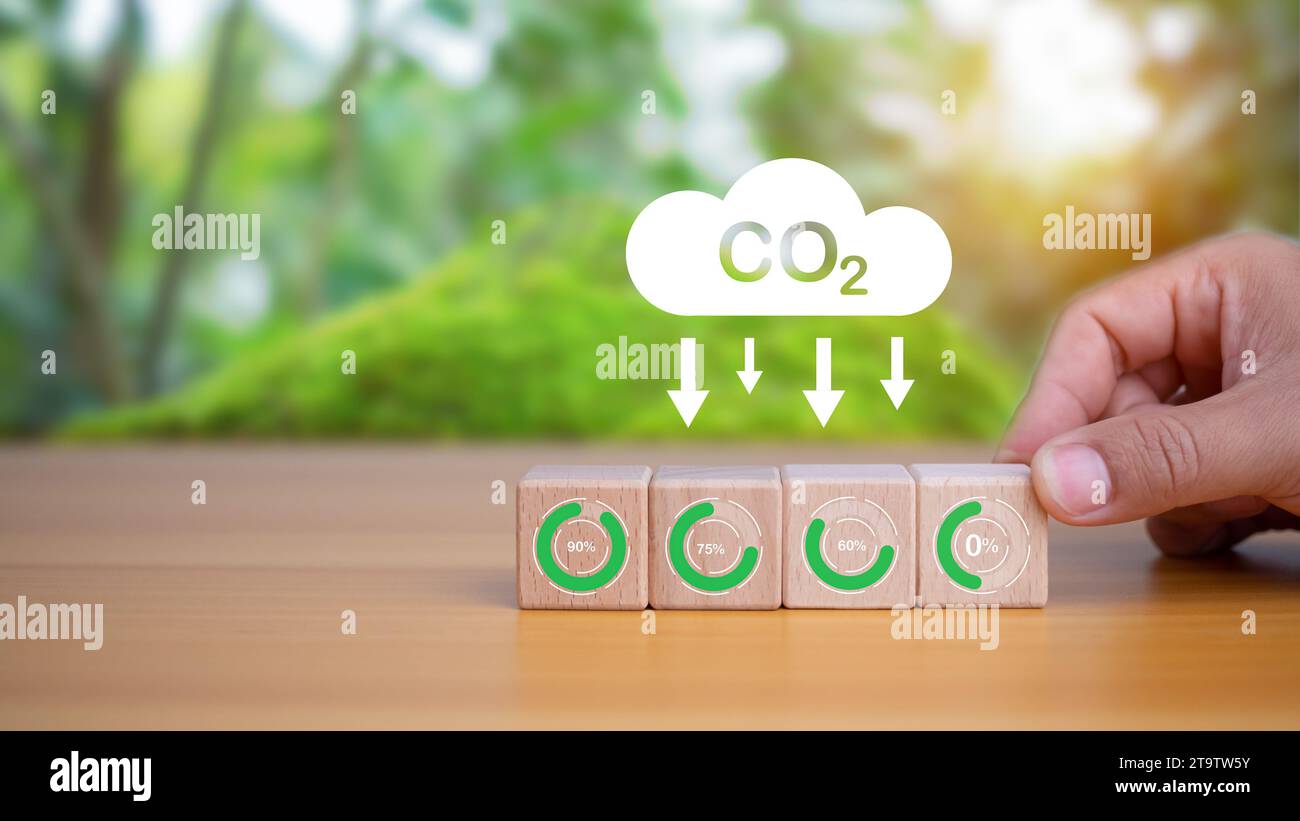 Human hands select zero carbon wooden blocks. It represents the concept