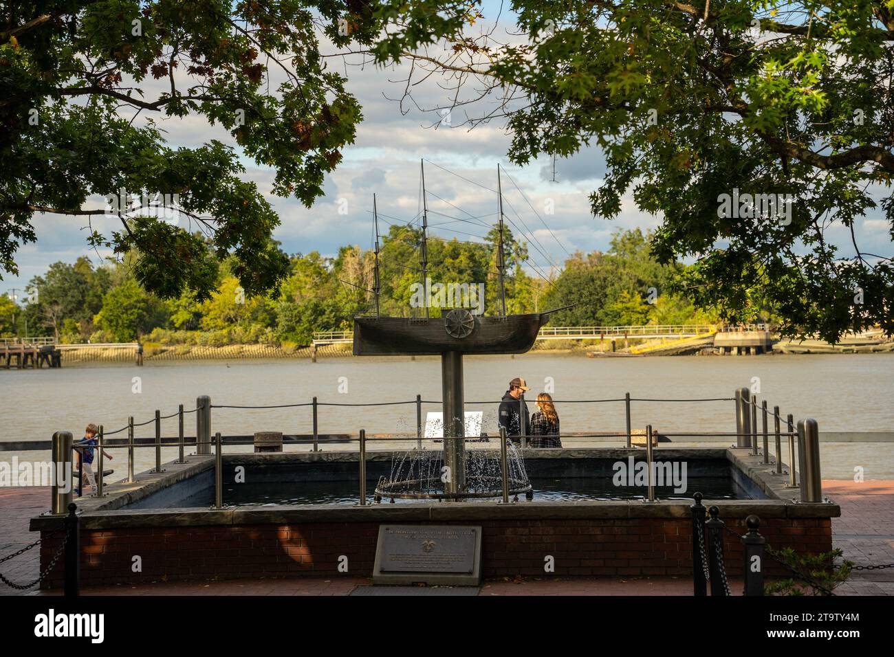 Propeller club of the port of Savannah Georgia fountain on the riverfront Stock Photo