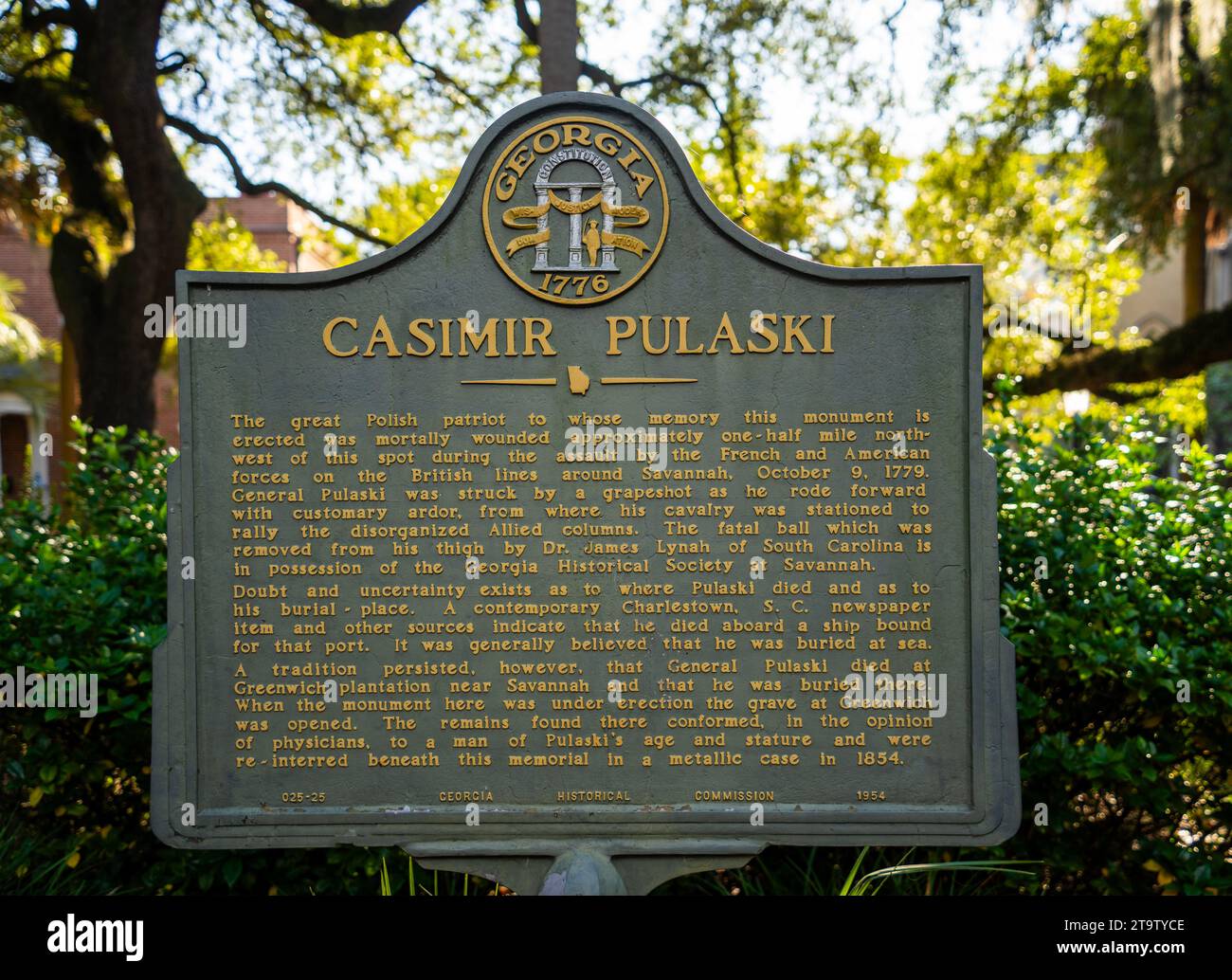 historical marker for the Casimir Pulaski monument on Monterey Square in Savannah Georgia Stock Photo