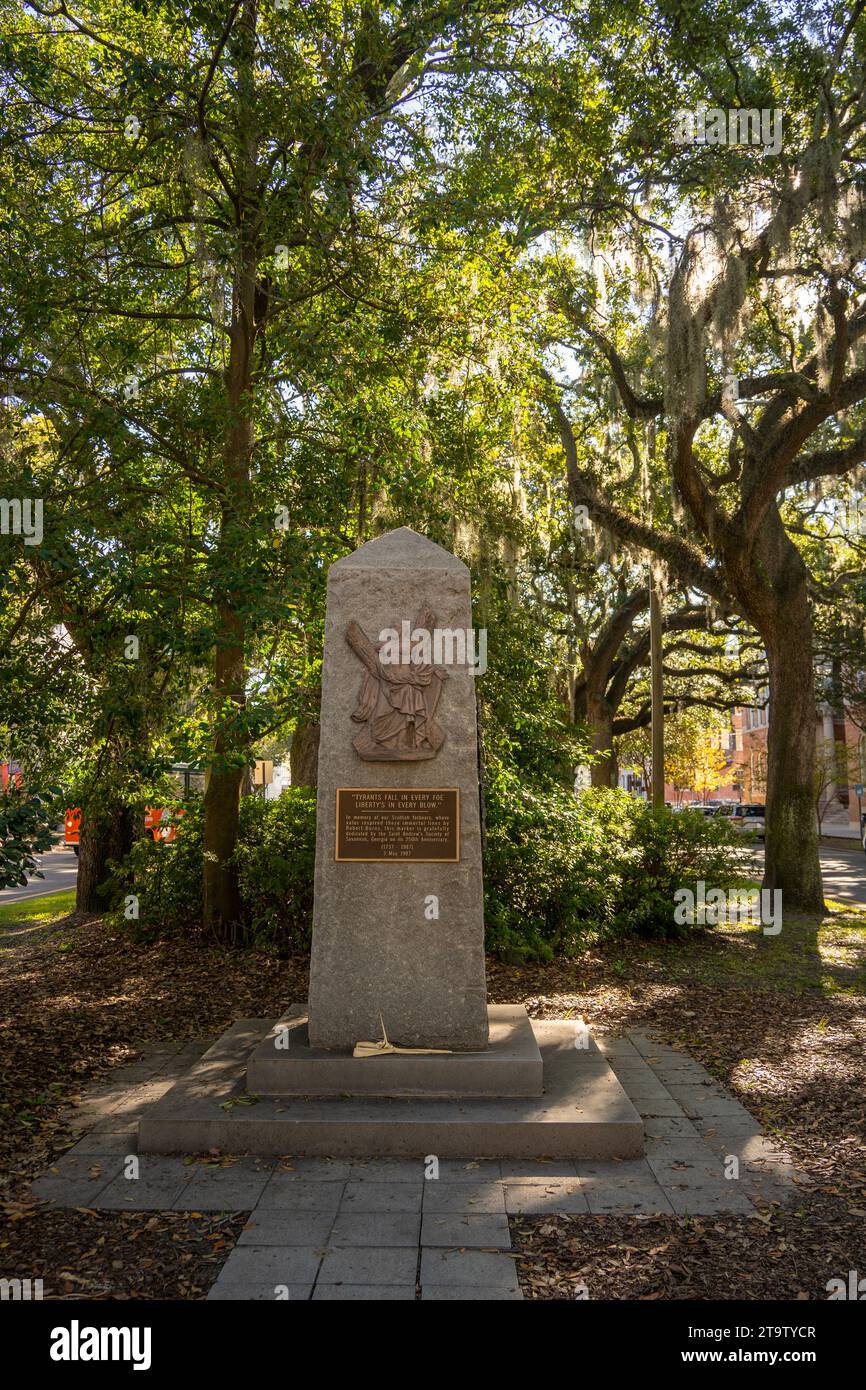 Tyrants Fall in Every Foe Liberty's in Every Blow lines by Robert Burns on this marker dedicated by Saint Andrew's Society for Scottish forbearers in Savannah Georgia Stock Photo