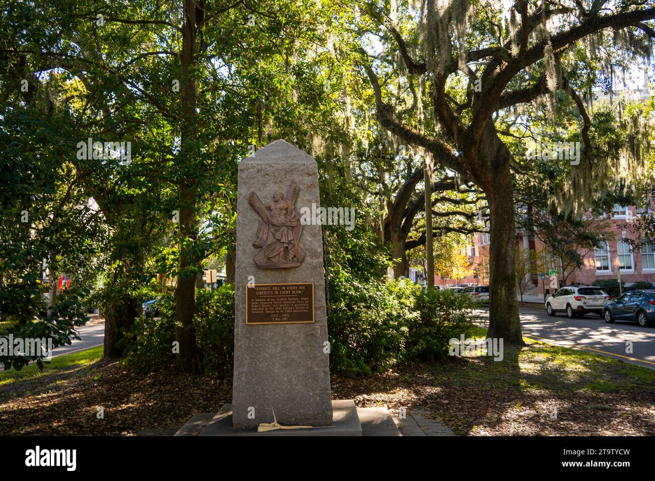 Tyrants Fall in Every Foe Liberty's in Every Blow lines by Robert Burns on this marker dedicated by Saint Andrew's Society for Scottish forbearers in Savannah Georgia Stock Photo