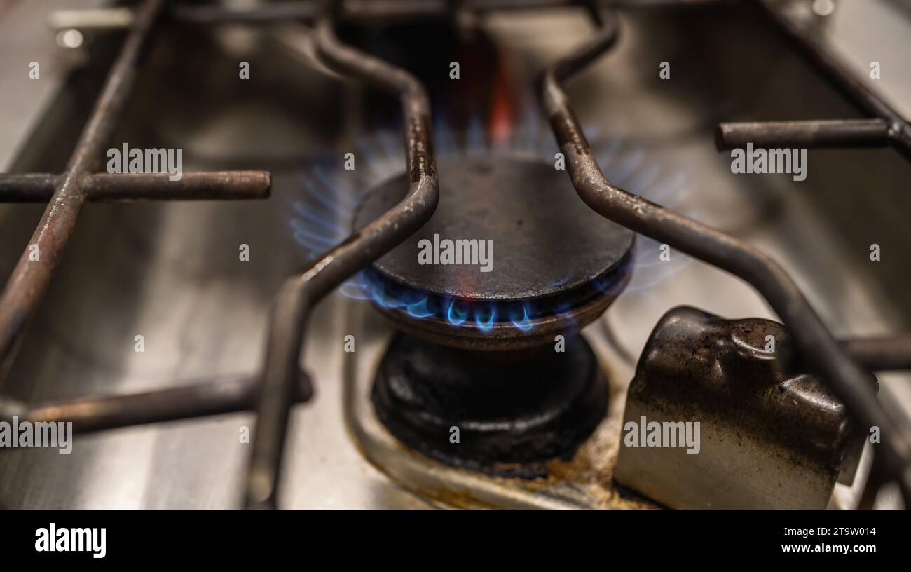 Closeup shot of blue fire flames from a professional kitchen stove top. Gas cooker with burning