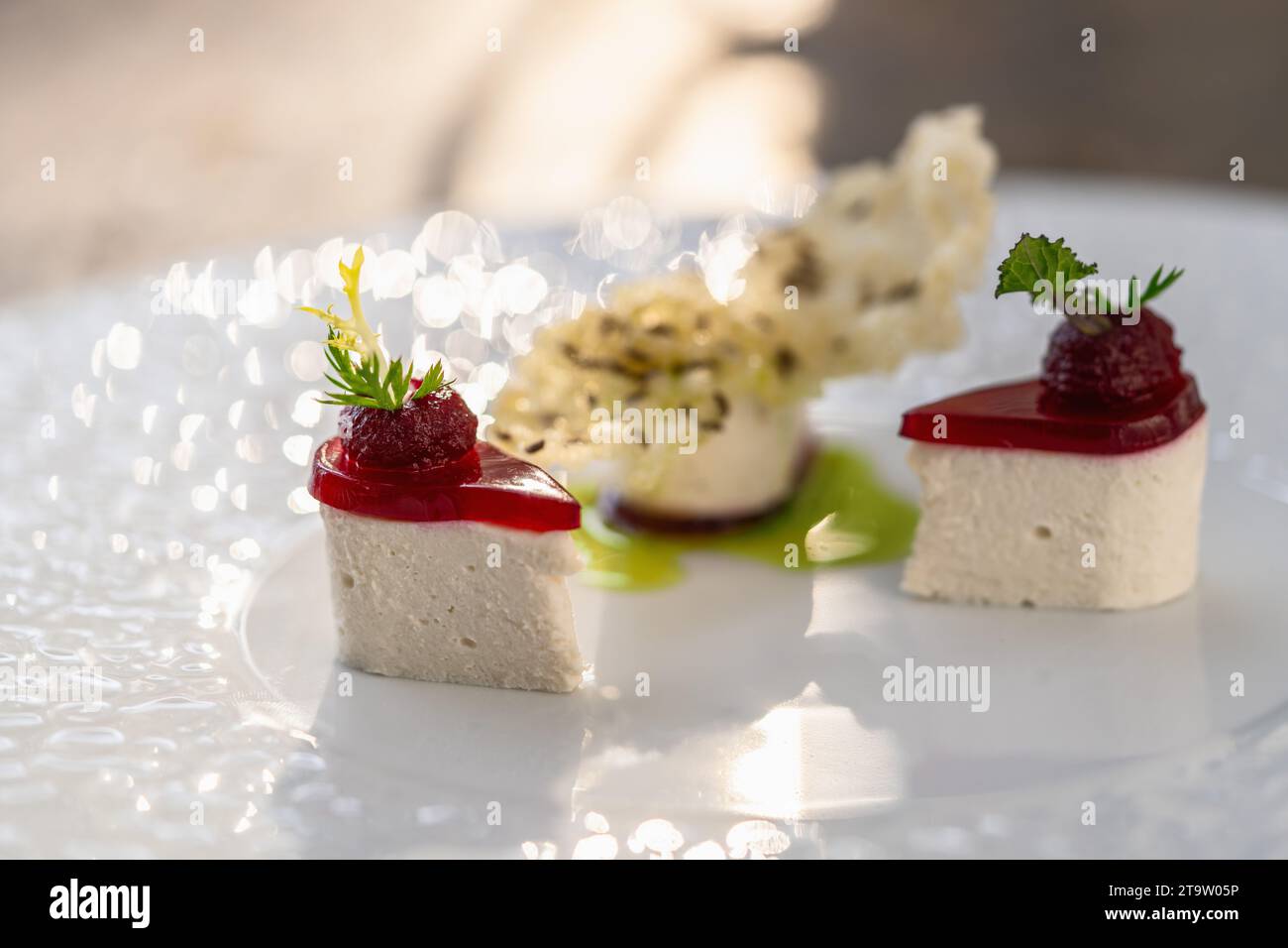 Close-up of a luxury appetizer on a white plate in restaurant, elegant Culinary Presentation. Food Photography Concept image Stock Photo