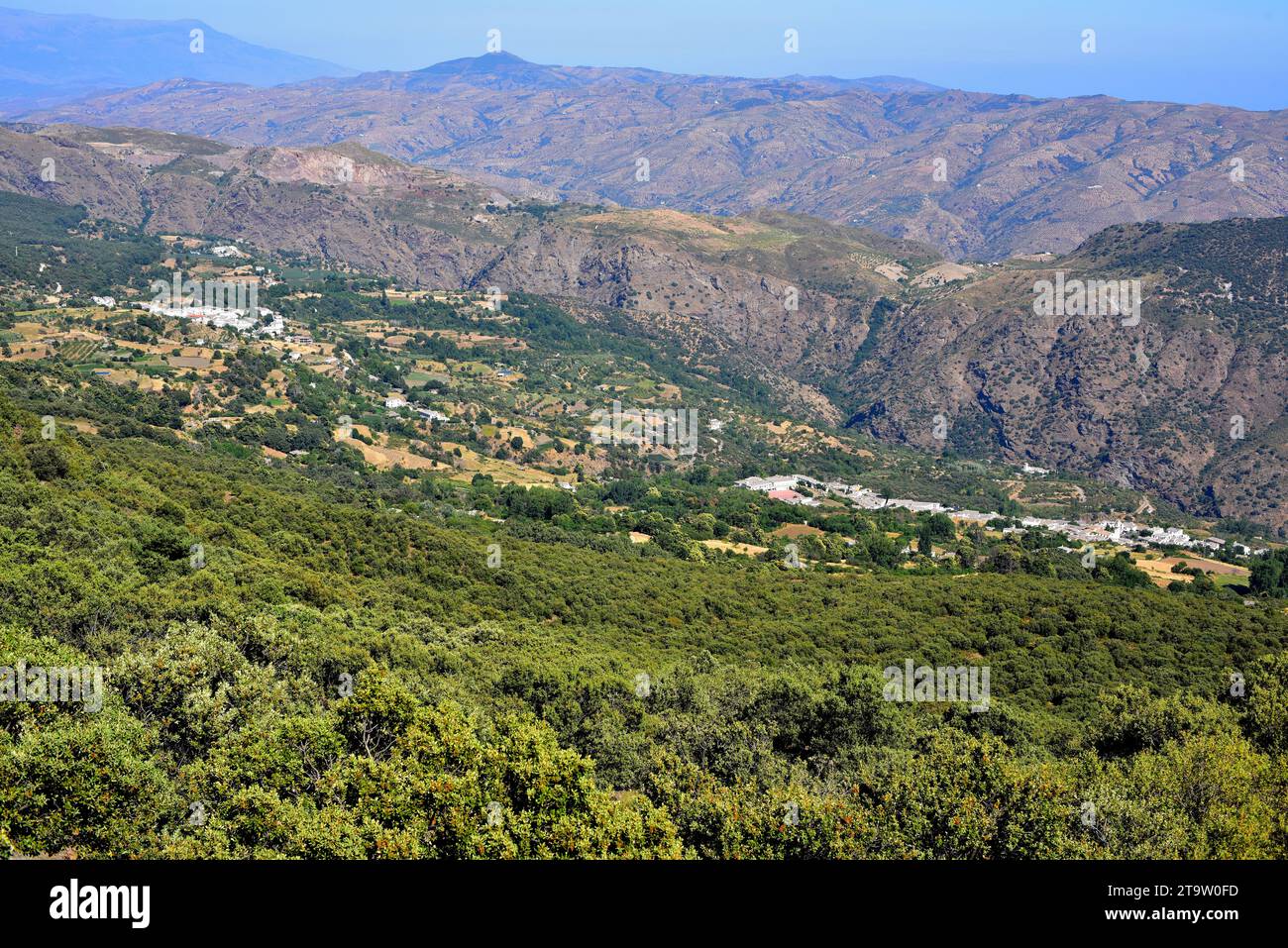 La Alpujarra or Las Alpujarras, panoramic view with Pitres and Pórtugos. Granada, Andalusia, Spain. Stock Photo