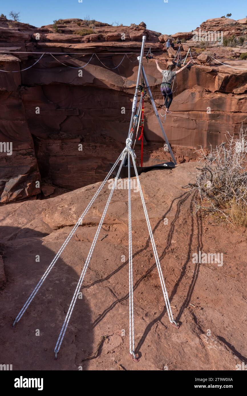 A view of anchors and frame for a highline at the GGBY World Highline Festival in Mineral Canyon near Moab, Utah. Stock Photo