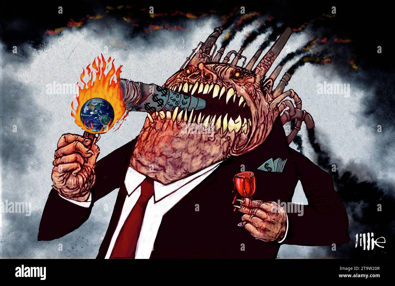 Satirical art, figure rep. polluting industry, wealthy nations, greed, smokes cigar that burns the planet, glass overflows with blood, climate crisis. Stock Photo