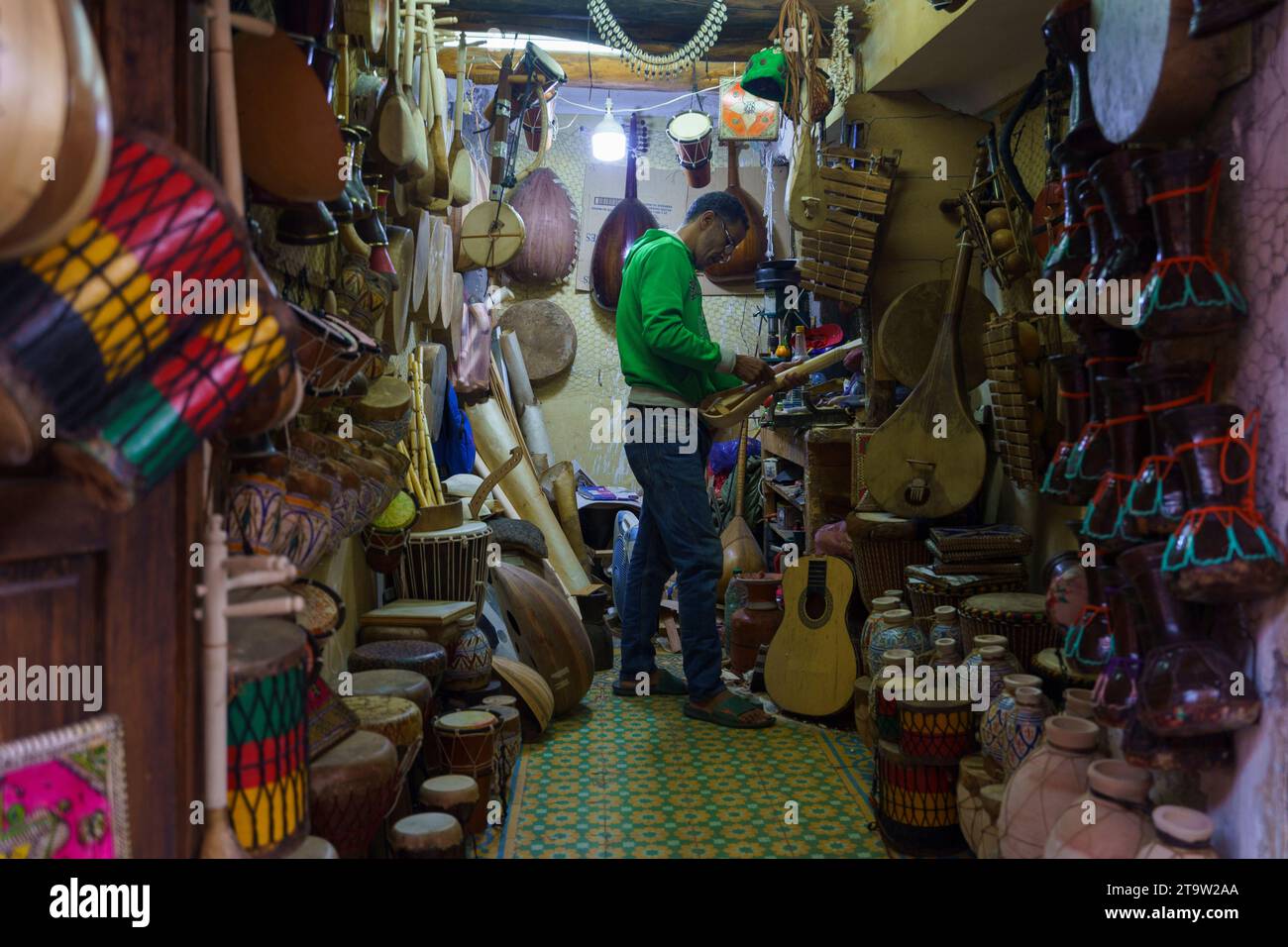 North Africa. Morocco. Marrakesh. A traditional instrument shop in the