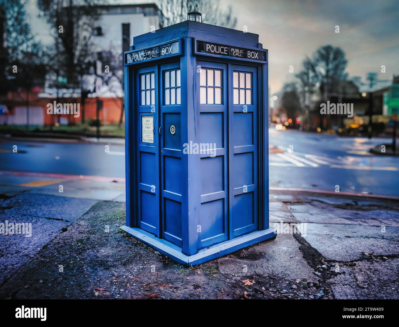 Doctor Who Replica TARDIS, 1960s-style London police box on Camden Road, used as tool shed for The Kindness Offensive Charity Stock Photo