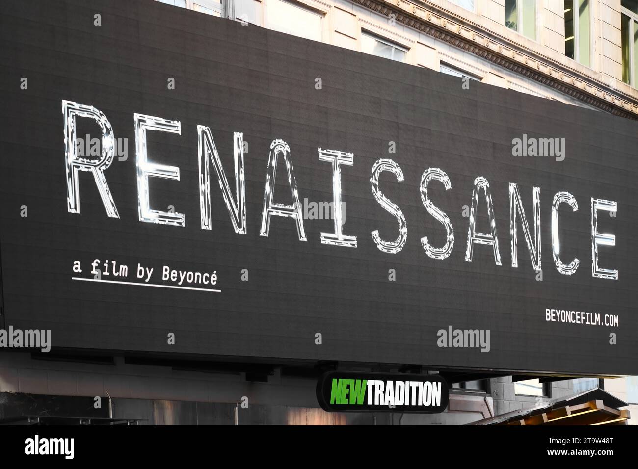 New York, NY - November 23, 2023: Renaissance a film by Beyonce promotional billboard for world tour documentary movie on theater near Times Square Stock Photo
