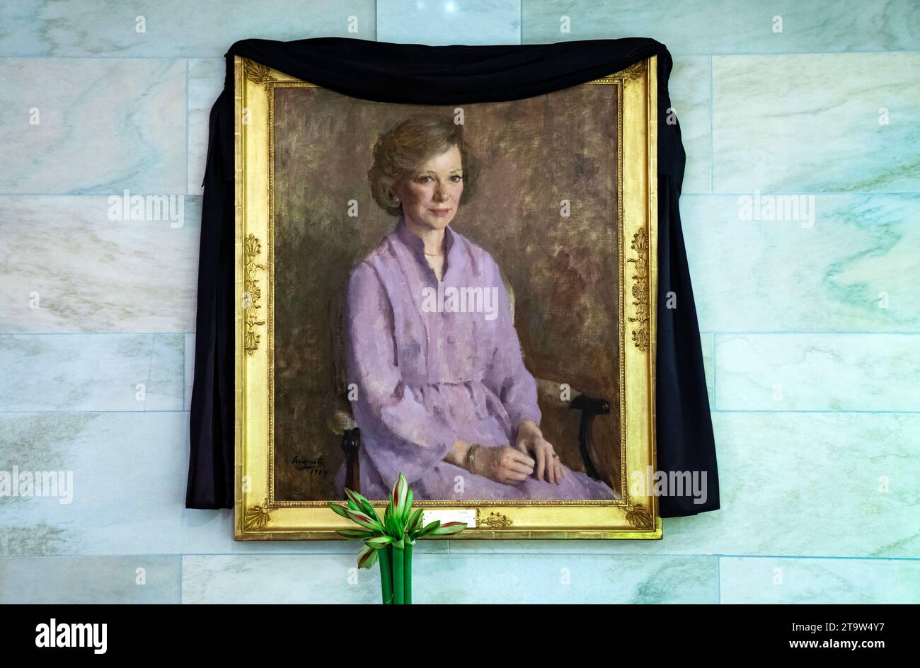 Washington, United States. 27th Nov, 2023. A portrait of Rosalynn Carter is seen draped in black on ground floor corridor at the White House during a holiday media preview at the White House in Washington, DC on Monday, November 27, 2023. First Lady Jill Biden announced the 2023 White House holiday theme: The 'Magic, Wonder, and Joy' of the Holidays. Photo by Leigh Vogel/UPI Credit: UPI/Alamy Live News Stock Photo