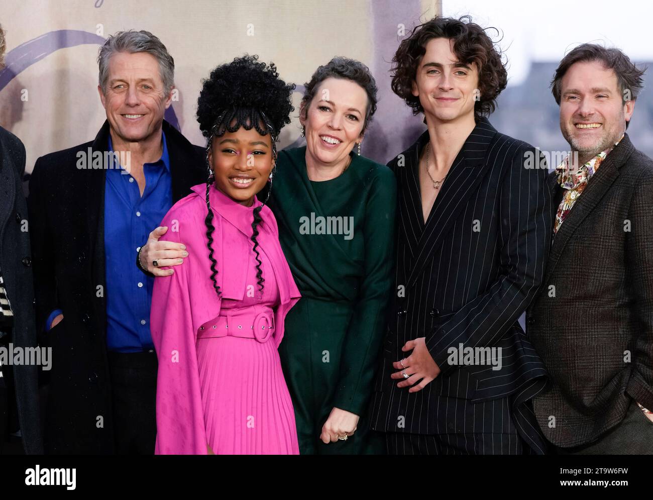Hugh Grant, from left, Calah Lane, Olivia Colman, Timothee Chalamet and