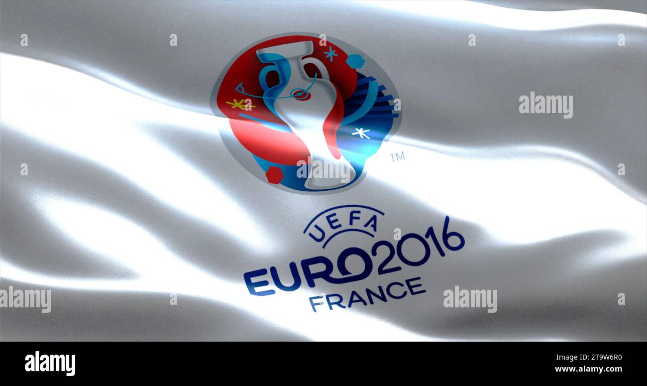Official logo of the euro 2016 UEFA European Championship in France, flag waving in the wind Stock Photo