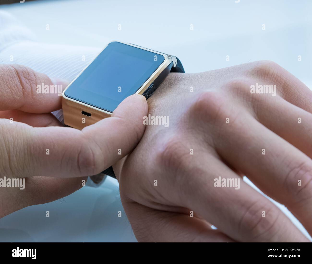 man using smartwatch app, new technology concept Stock Photo