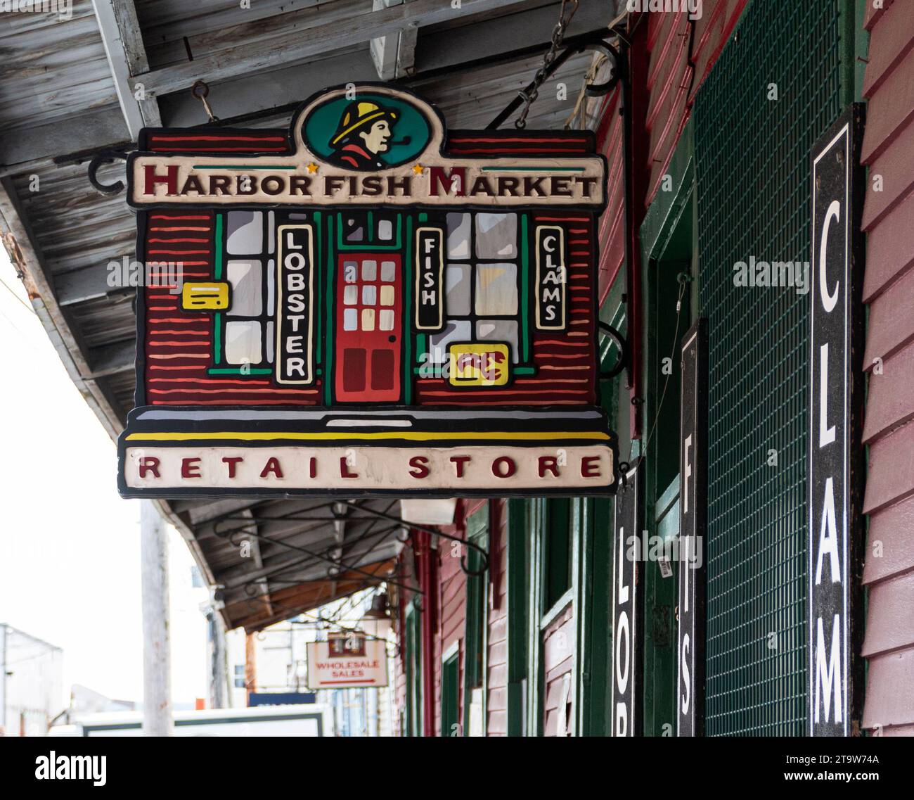 Portland Fish Sign Portland, Maine, USA - 20 July 2019: A store sign hanging from the side ...