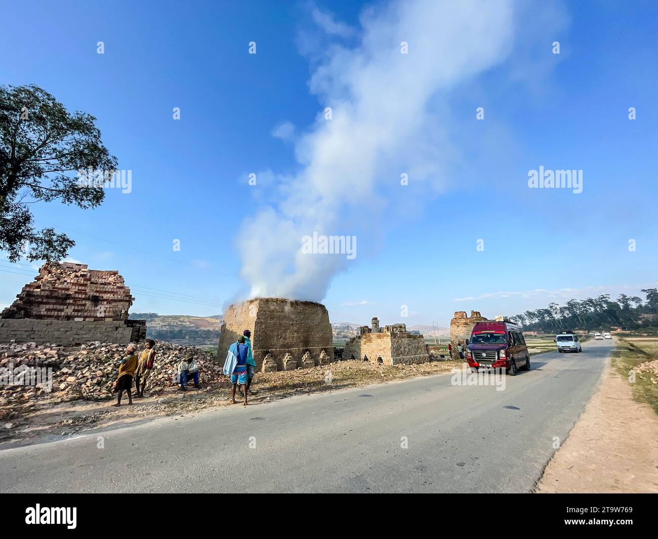 Madagascar, surroundings of Ambositra, brick making and firing Stock Photo
