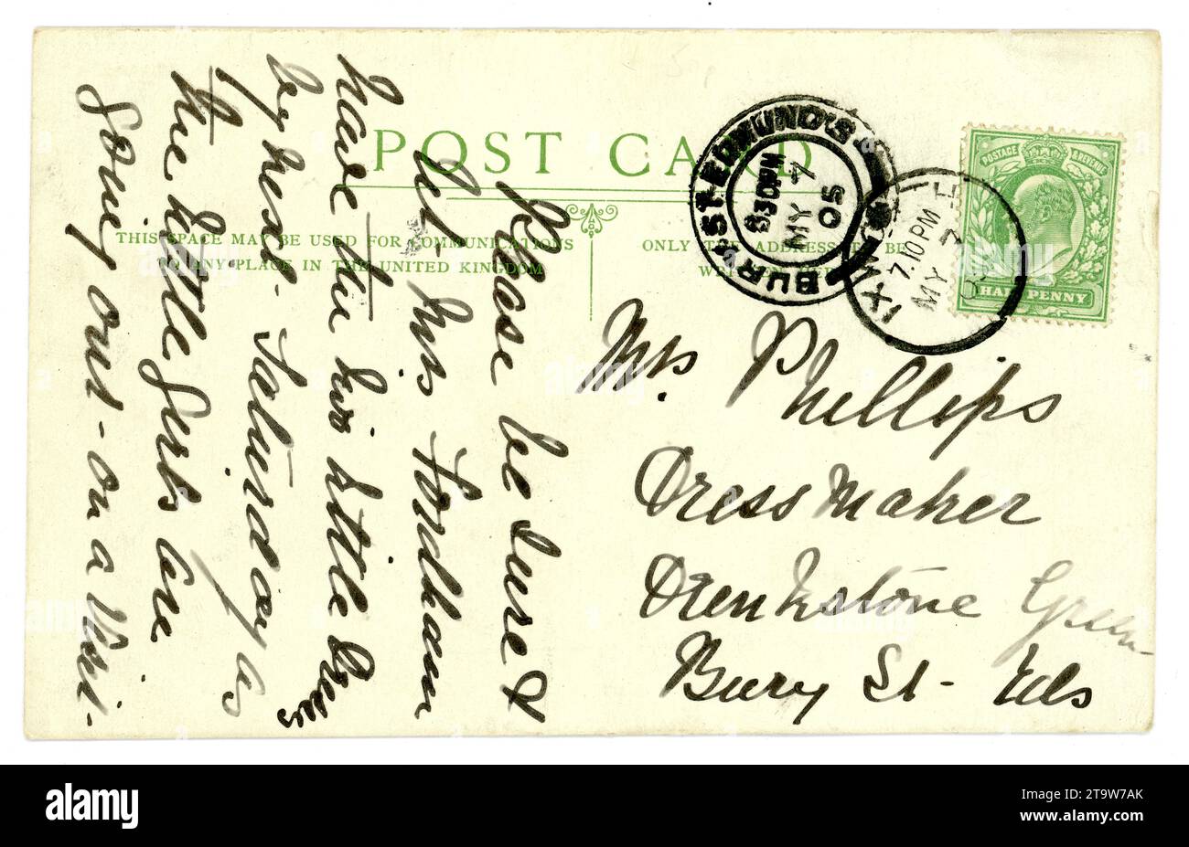 Reverse of Original Edwardian postcard with stamp and postmark, green Edward V11 stamp, U.K, posted /  dated May 7th 1905, from  Bury St Edmunds, Suffolk, England, U.K. Stock Photo