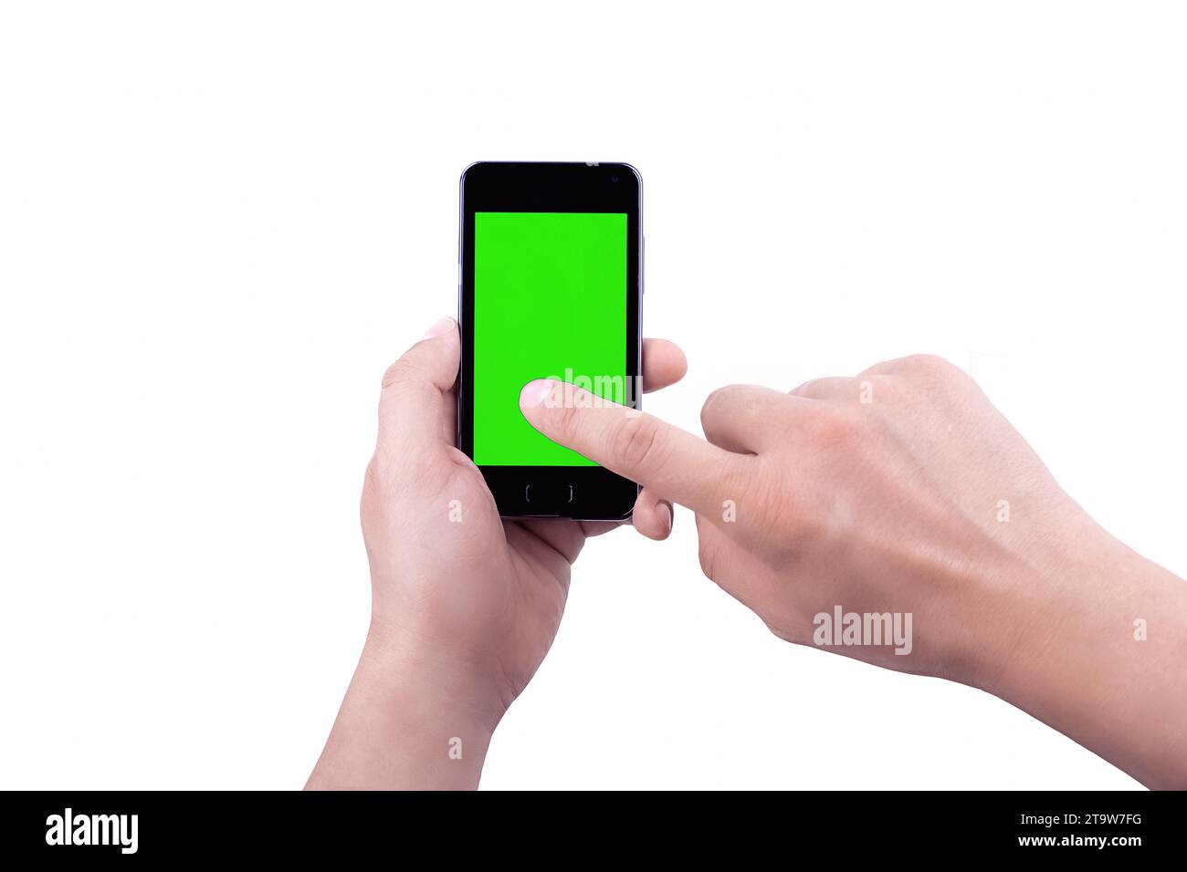 hand of man use mobile smart phone with chroma key green screen on ...