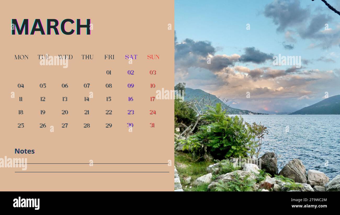 Seaboard Calendar 2024 for March month Montenegro Croatia Stock Photo