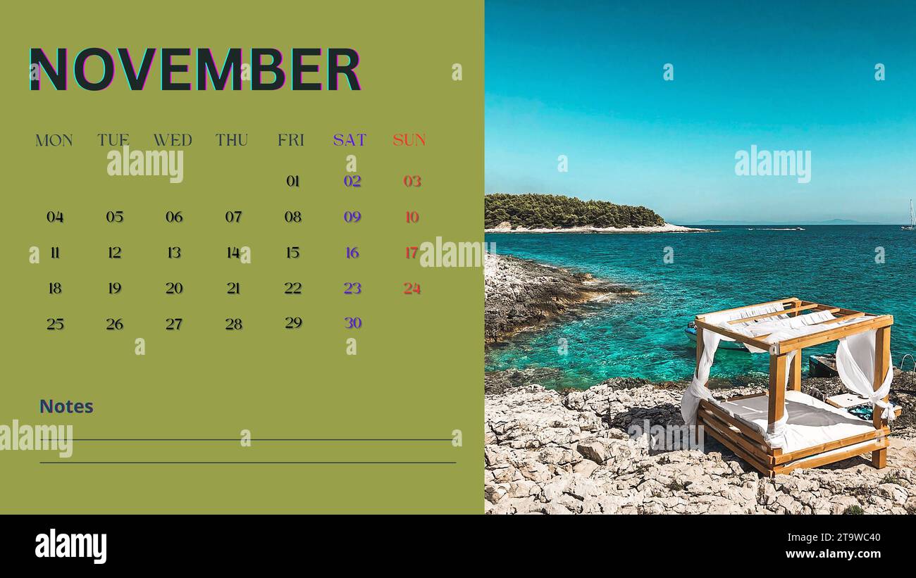 Seaboard Calendar 2024 for November month Montenegro Croatia Stock