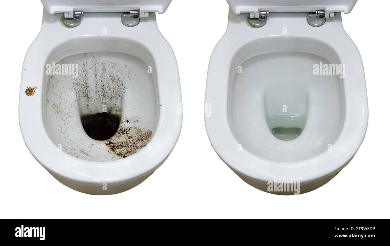 Toilet bowl before and after cleaning from dirt and clogging of the