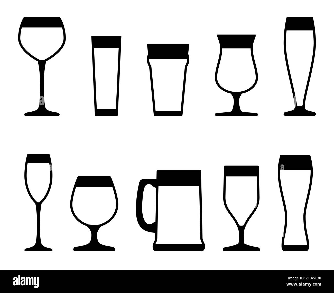 Beer glasses and mugs icons set. Alcoholic beverage menu collection set. Labeled visualization with various glasses styles for lager, pilsner. Stock Vector