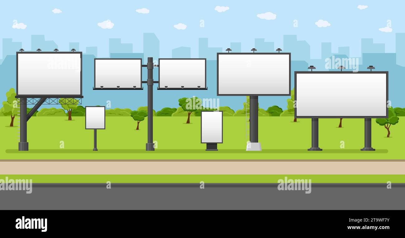 Billboard blank set. Urban landscape with empty billboard. City outdoor