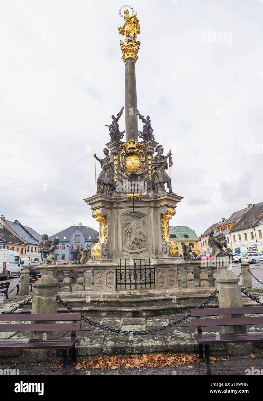 15 meters tall Marian Plague Column built in the Baroque style in Letohrad on Wenceslas Square, Czech Republic, November 8, 2023. (CTK Photo/Pavel Ves Stock Photo
