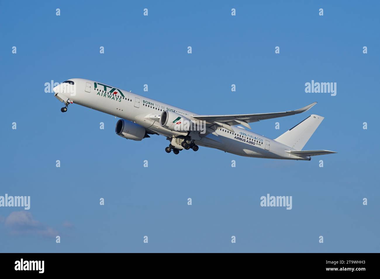 ITA Airways Airbus A350, 'Born to be Sustainable' livery, shown leaving from LAX, Los Angeles International Airport. Stock Photo