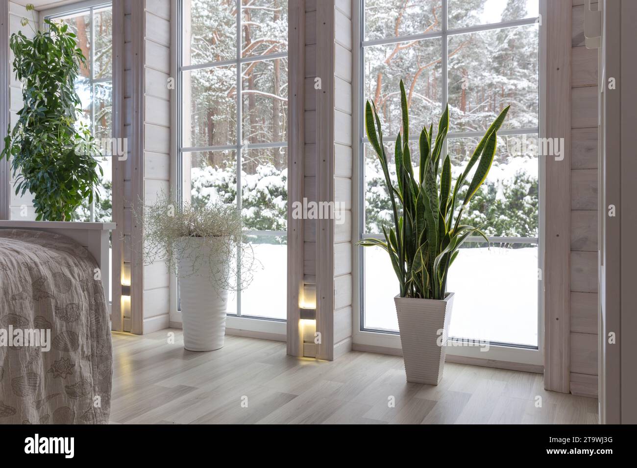 Cozy winter atmosphere. Spacious bedroom with floortoceiling window