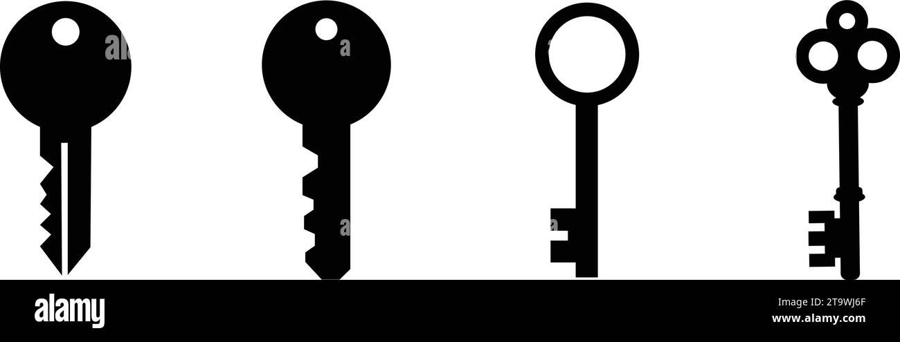 Key icon symbol flat style set. Door or house key to unlock lock collection. Security system concept represented by silhouette key sign group Stock Vector