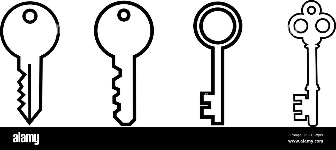 Key icon symbol line style set. Door or house key to unlock lock collection. Security system concept represented by outline key sign group Stock Vector