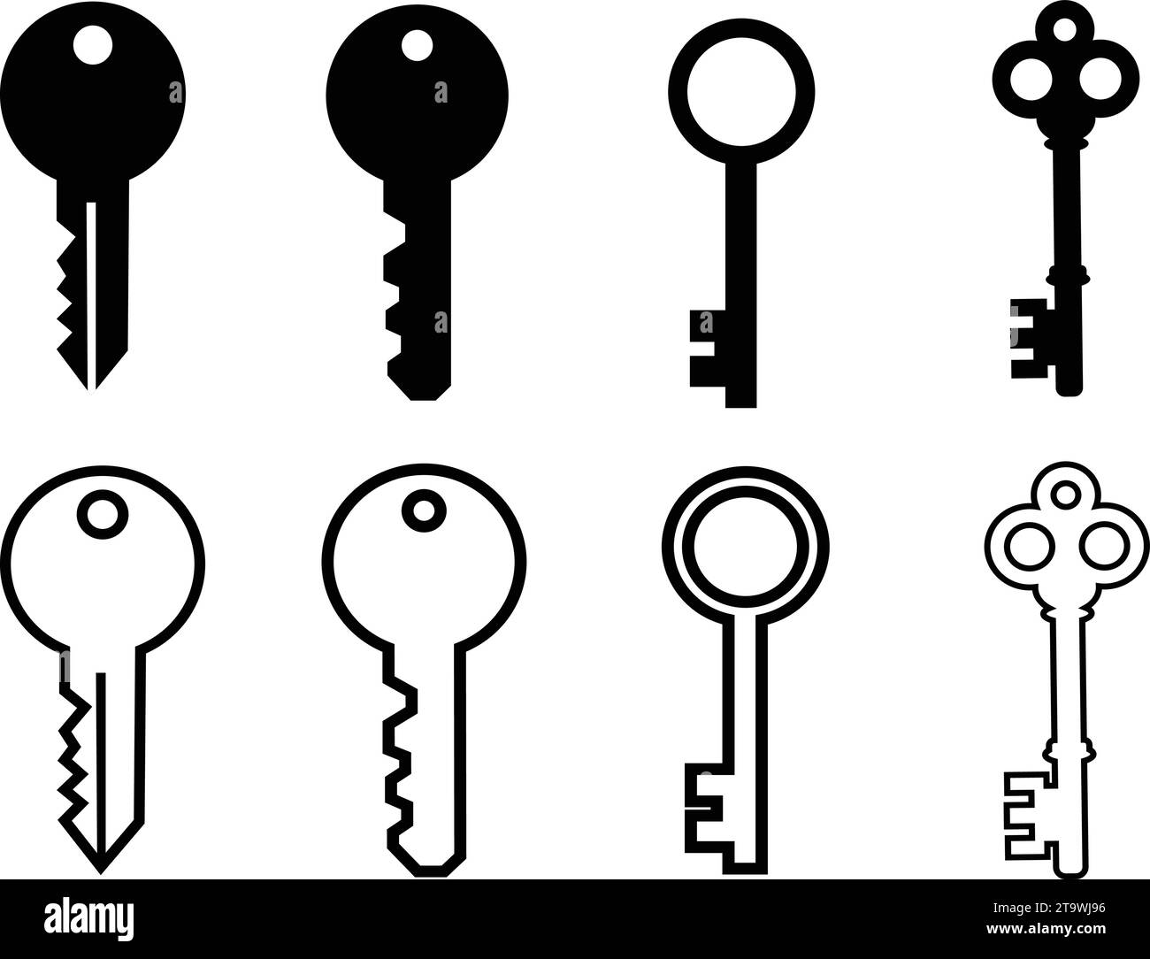 Key icon symbol flat and line style set. Door or house key to unlock lock collection. Security system concept represented by outline and silhouette ke Stock Vector