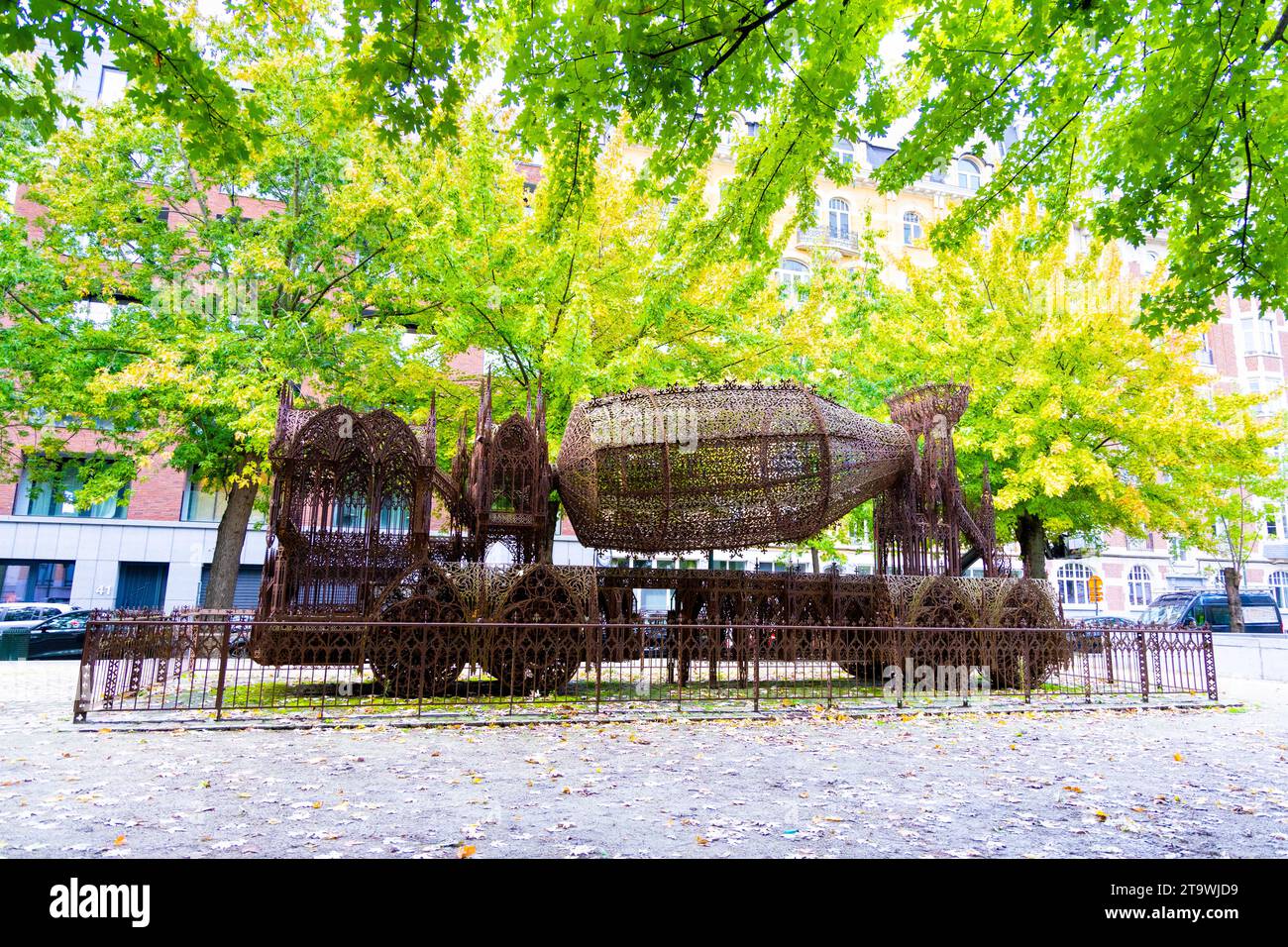 Concrete Truck made of laser-cut corten steel featuring gothic style patterns and motifs by Wim Delvoye, Quai au Foin, Brussels, Belgium Stock Photo
