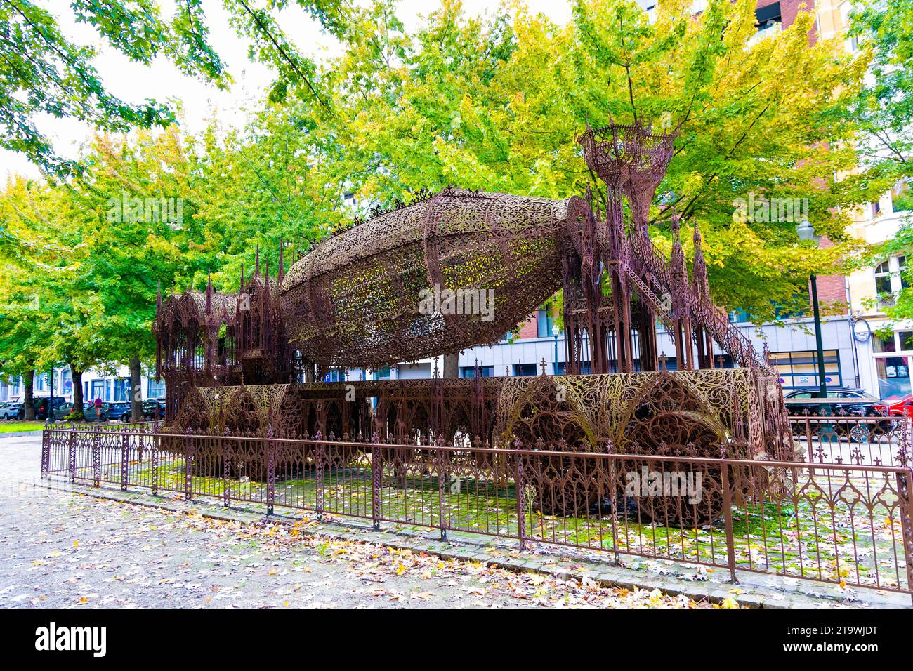 Concrete Truck made of laser-cut corten steel featuring gothic style patterns and motifs by Wim Delvoye, Quai au Foin, Brussels, Belgium Stock Photo