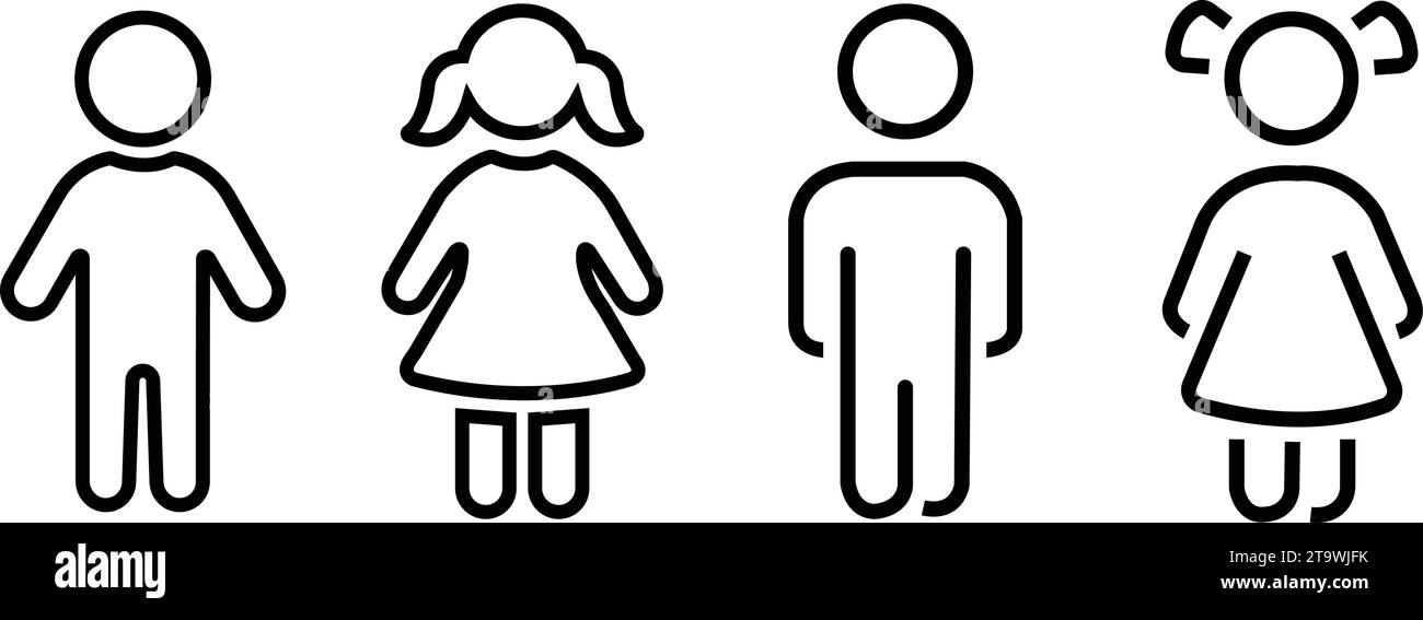 Kid girl and boy line icon set. children outline symbol collection ...