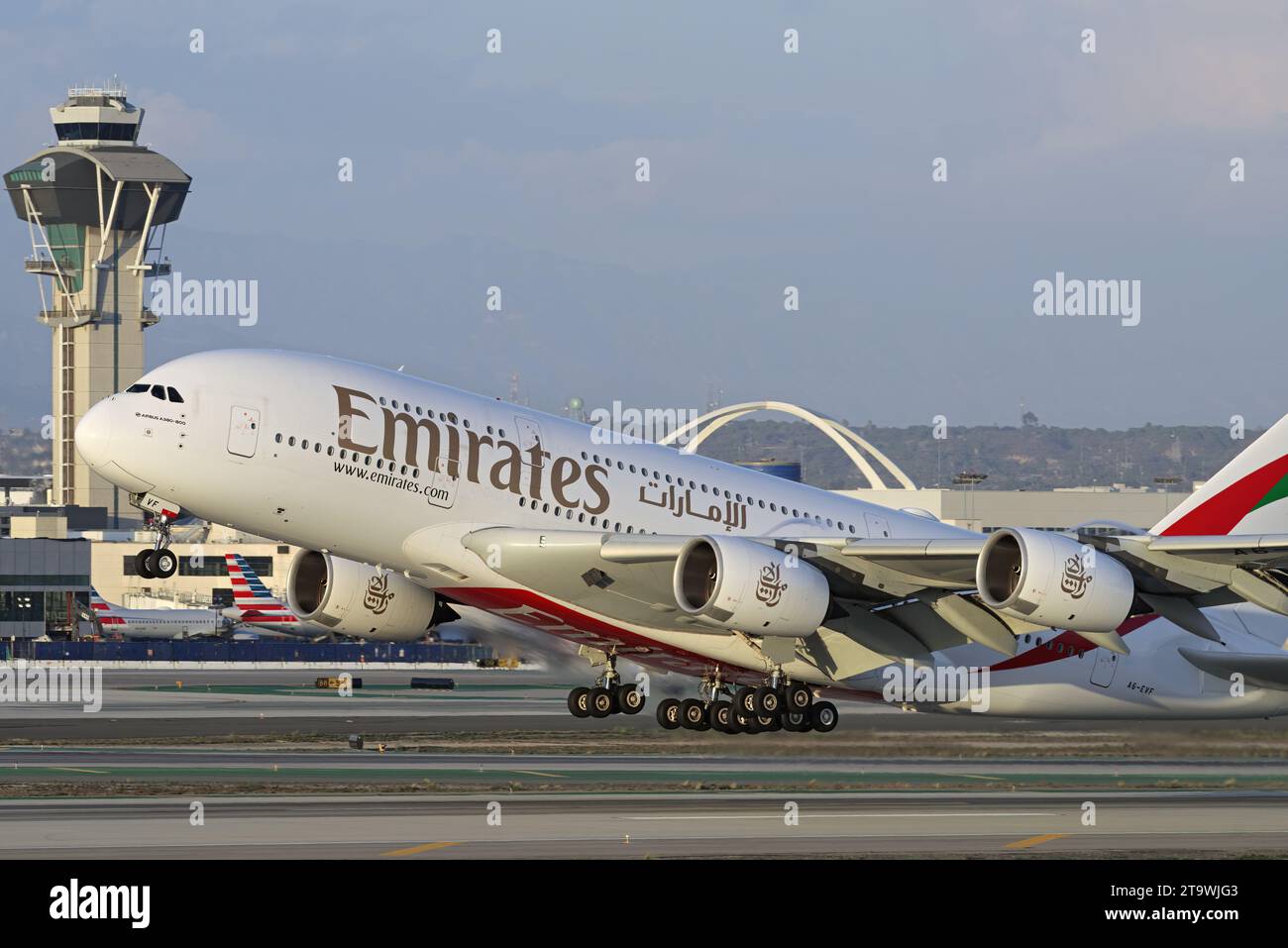 Emirates Airbus A380 with registration A6EVF shown taking off at Los