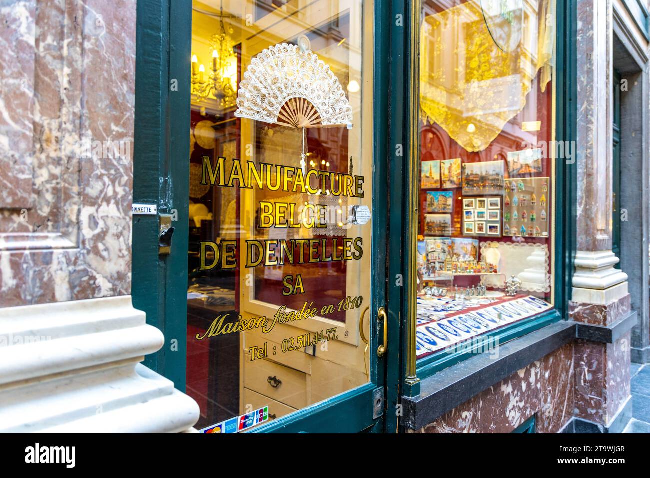Belgian lace shop Manufacture Belge de Dentelles in the Royal Gallery of Saint Hubert, Brussels, Belgium Stock Photo