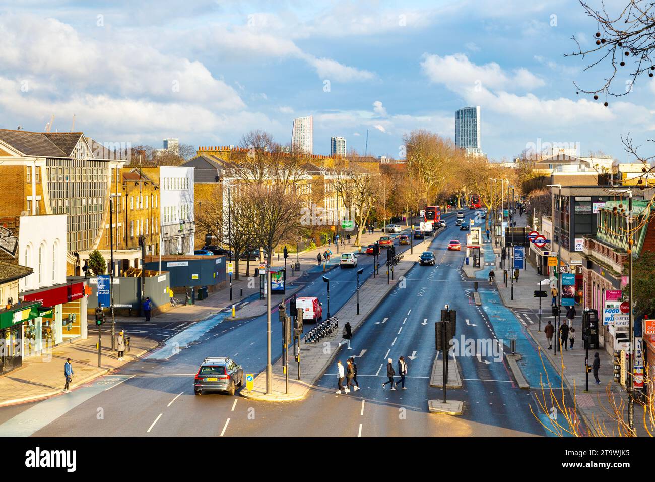 View of Mile End Road and Mile End Underground Station, London, England Stock Photo