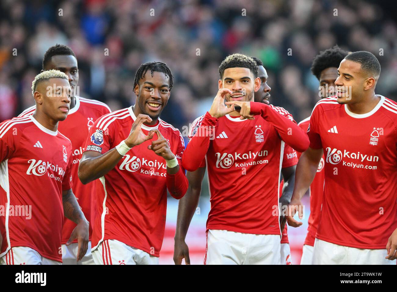 Anthony Elanga of Nottingham Forest celebrates with Morgan Gibbs-White of Nottingham Forest after his side scores a goal during the Premier League match between Nottingham Forest and Brighton and Hove Albion at the City Ground, Nottingham on Saturday 25th November 2023. (Photo: Jon Hobley | MI News) Credit: MI News & Sport /Alamy Live News Stock Photo